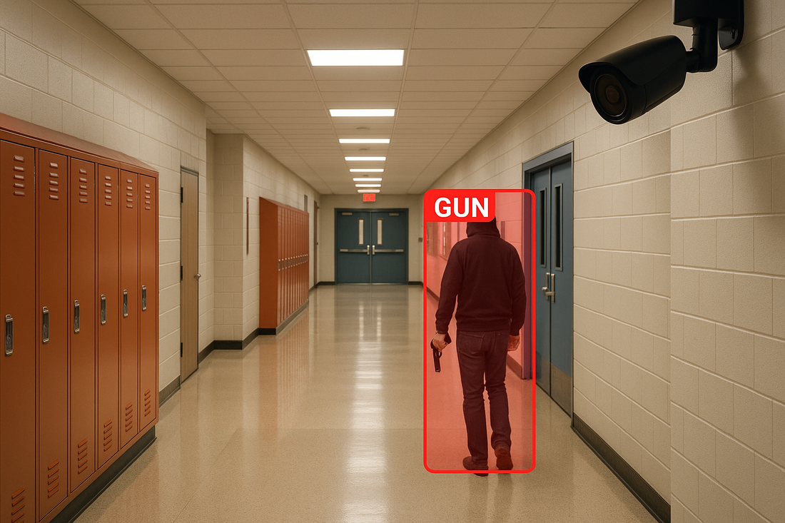 School hallway with AI camera detecting a firearm