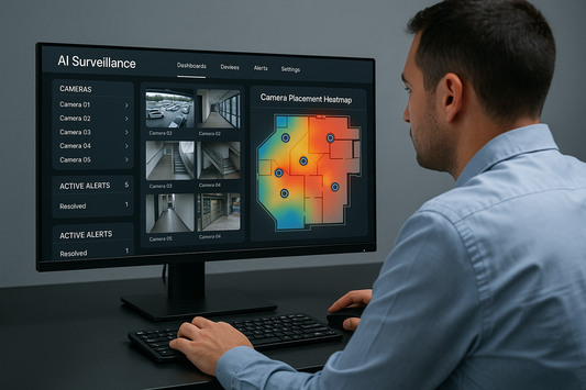 Security technician reviewing camera placement heatmap on AI dashboard – realistic