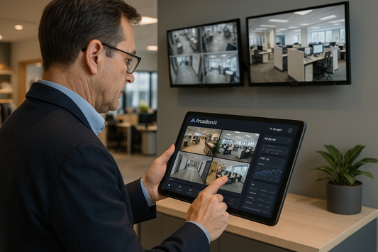 Business owner reviewing ArcadianAI Ranger dashboard on a tablet while cameras monitor retail and office environments