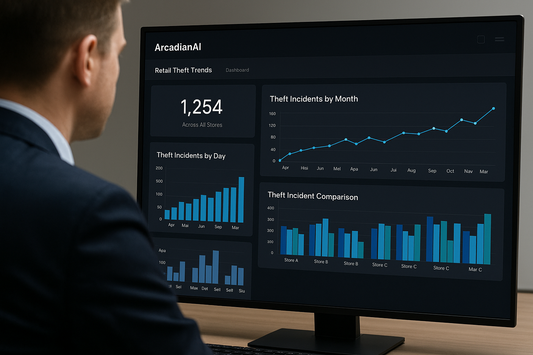 ArcadianAI Ranger dashboard showing long-term theft trend analysis across multiple stores