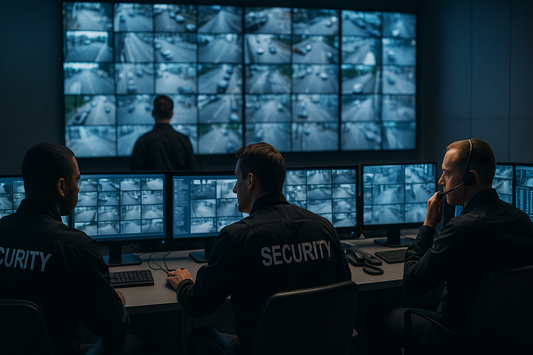 Security control room with multiple guards monitoring live surveillance feeds on a large video wall and desktop screens.