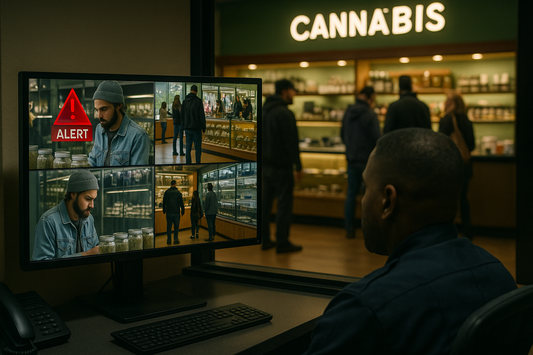 Security officer monitoring live footage from a cannabis dispensary, where AI surveillance flags suspicious customer behavior – AI system alerts security guard to potential theft in cannabis store using real-time camera analytics