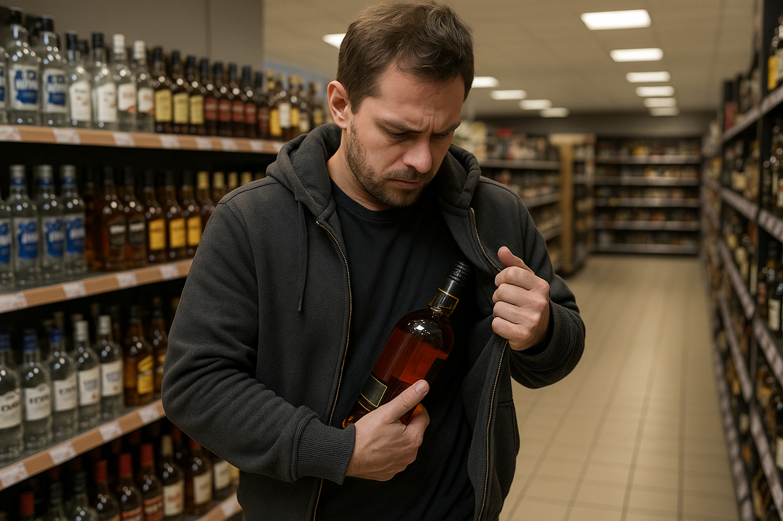 Shoplifter stuffing premium liquor bottle into jacket - Thief concealing high-value liquor in retail store