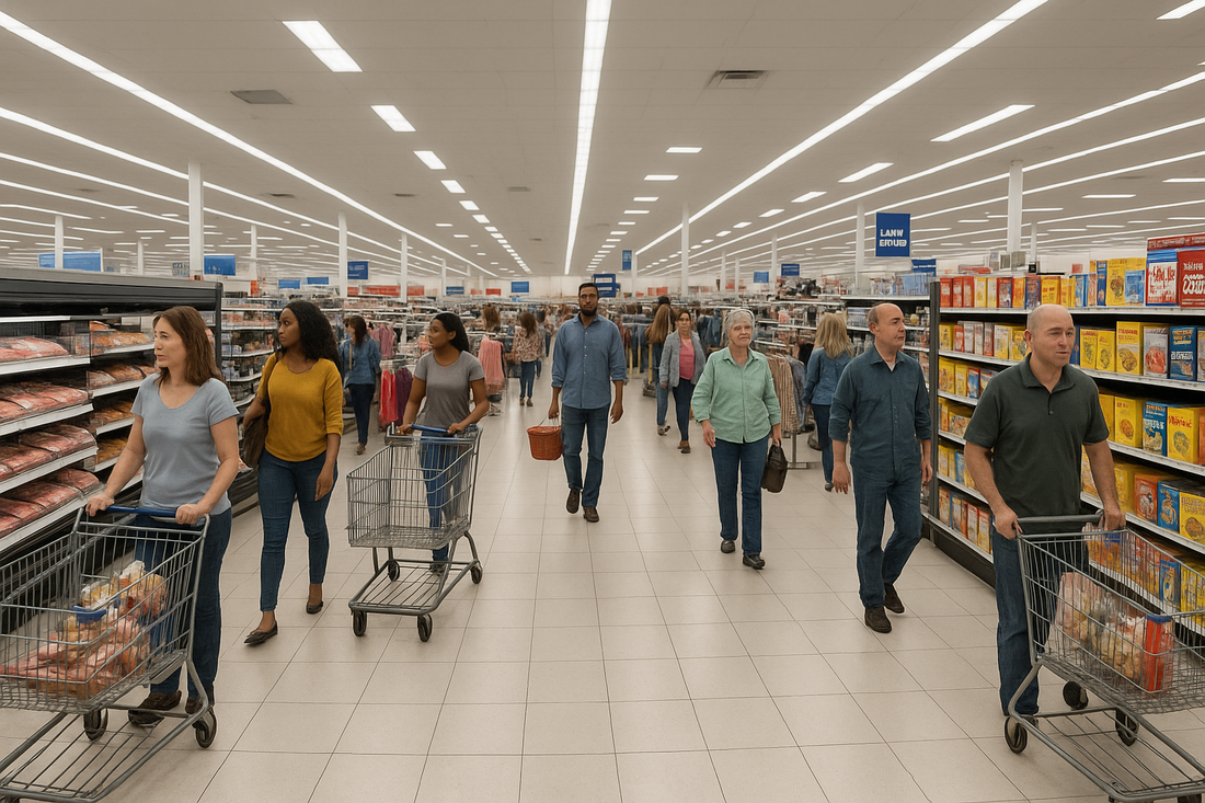 Shoppers walking through wide aisles inside a large retail store, with stocked shelves of groceries, carts, and bright overhead lighting.