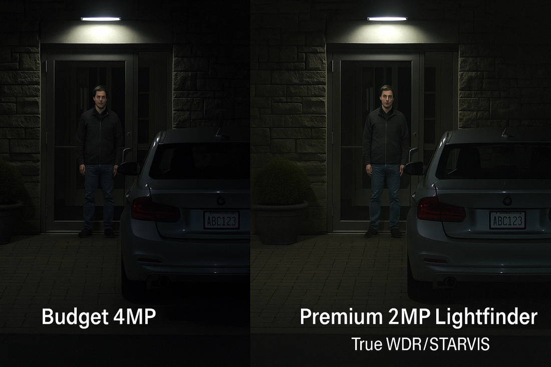 Side-by-side night scene—budget 4MP vs. premium 2MP Lightfinder—faces and plates compared – Night comparison: true WDR/STARVIS vs. budget sensor on the same doorway