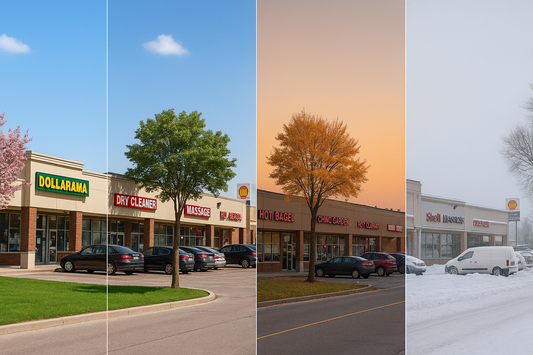 Three different storefronts with cars parked in front on a clear day.