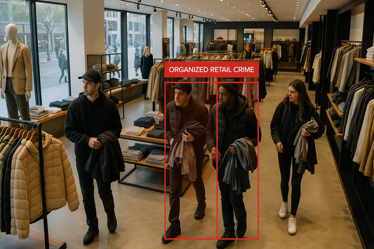 Surveillance camera view inside a modern urban clothing store capturing three individuals flagged for organized retail crime while other shoppers browse nearby