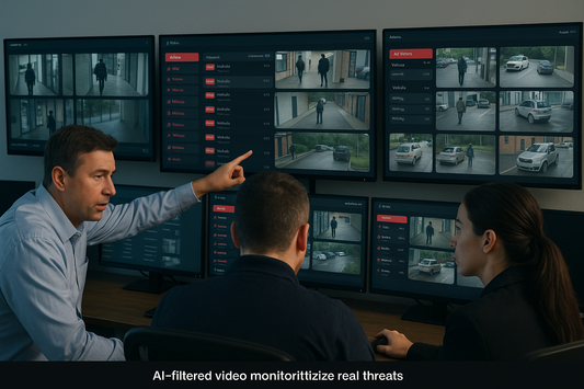 Security operations team reviewing AI-filtered video events – realistic