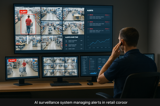 Person monitoring multiple surveillance screens in a retail setting with AI surveillance system.