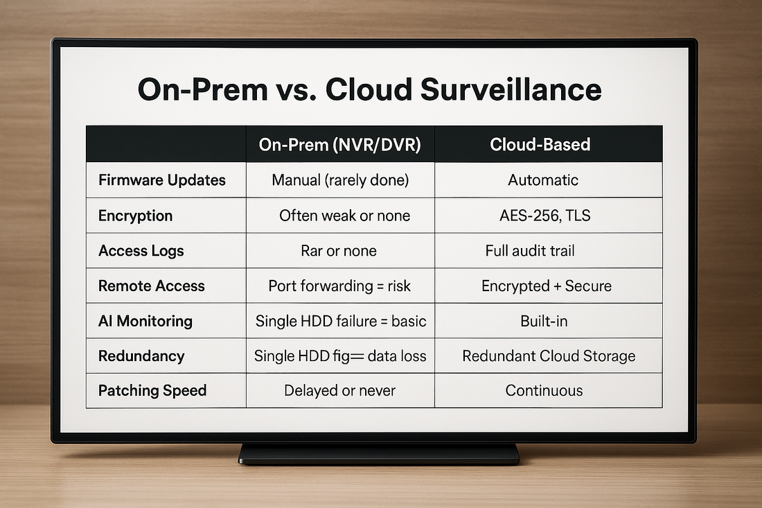 Comparison table displayed on screen between cloud and on-prem camera systems