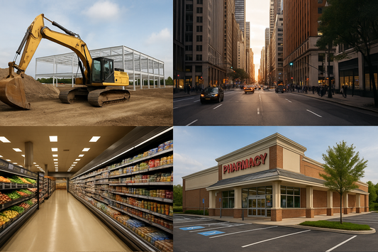Realistic composite image showing four different environments — a construction site, a busy city street, a supermarket aisle, and a suburban pharmacy — illustrating varied security requirements.