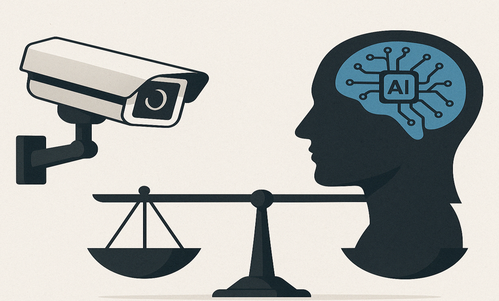 A sleek, minimalistic vector illustration showing a CCTV camera facing a human silhouette with an AI circuit embedded in the brain.