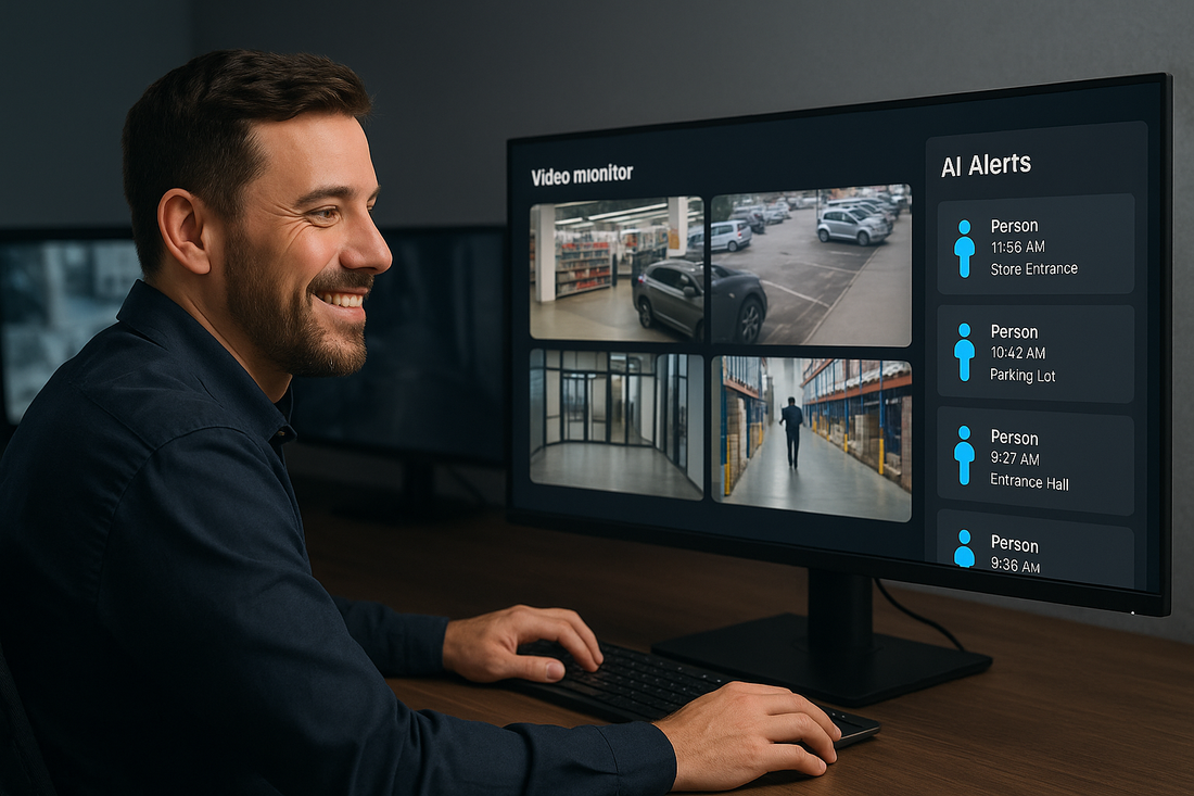 Man monitoring security cameras on a computer screen with AI alerts.