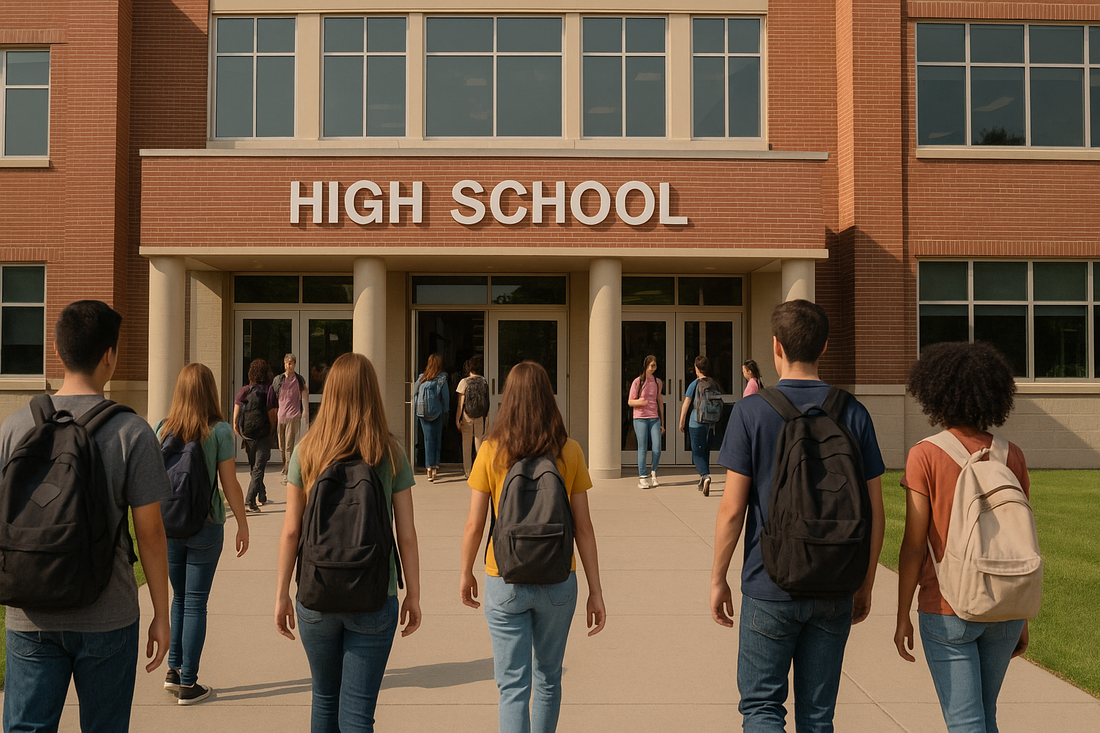 Students walking towards a high school building on a sunny day.