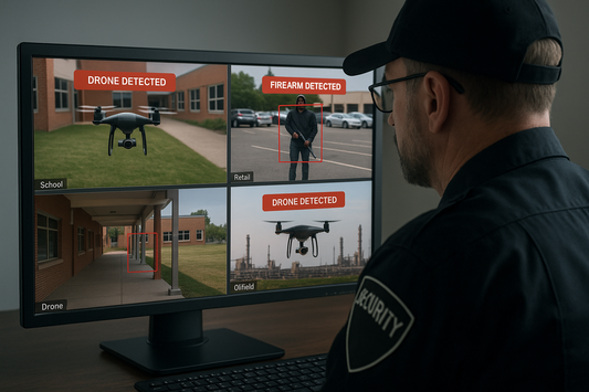 Security officer watching live AI alerts of drone and firearm detection ArcadianAI Ranger detecting drones and firearms across school, retail, and oilfield environments