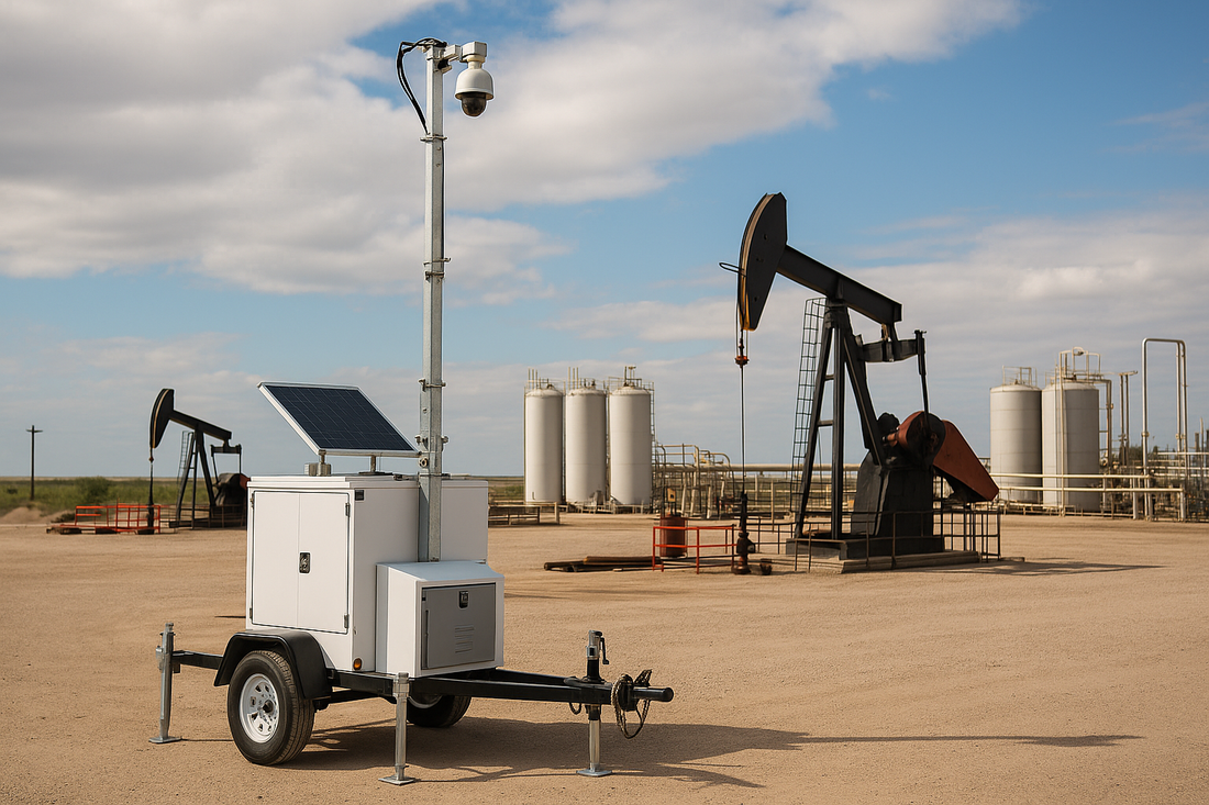 Mobile lighting tower with security camera in an oilfield setting