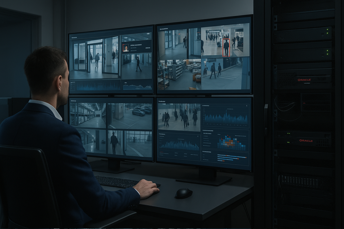 Surveillance operations room with Oracle rack servers and monitors – realistic, 16:9 – alt="Oracle’s air-gapped cloud running secure video analytics