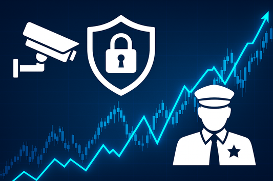 Digital illustration of security camera, shield with padlock, and guard silhouette overlaid on rising stock market candlestick and line charts