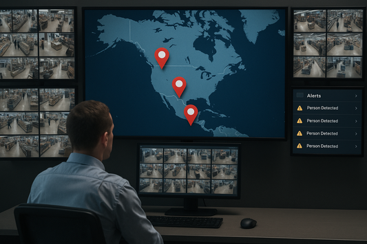 Person monitoring security cameras with a map of North America on screen - USA-CANADA-MEXICO