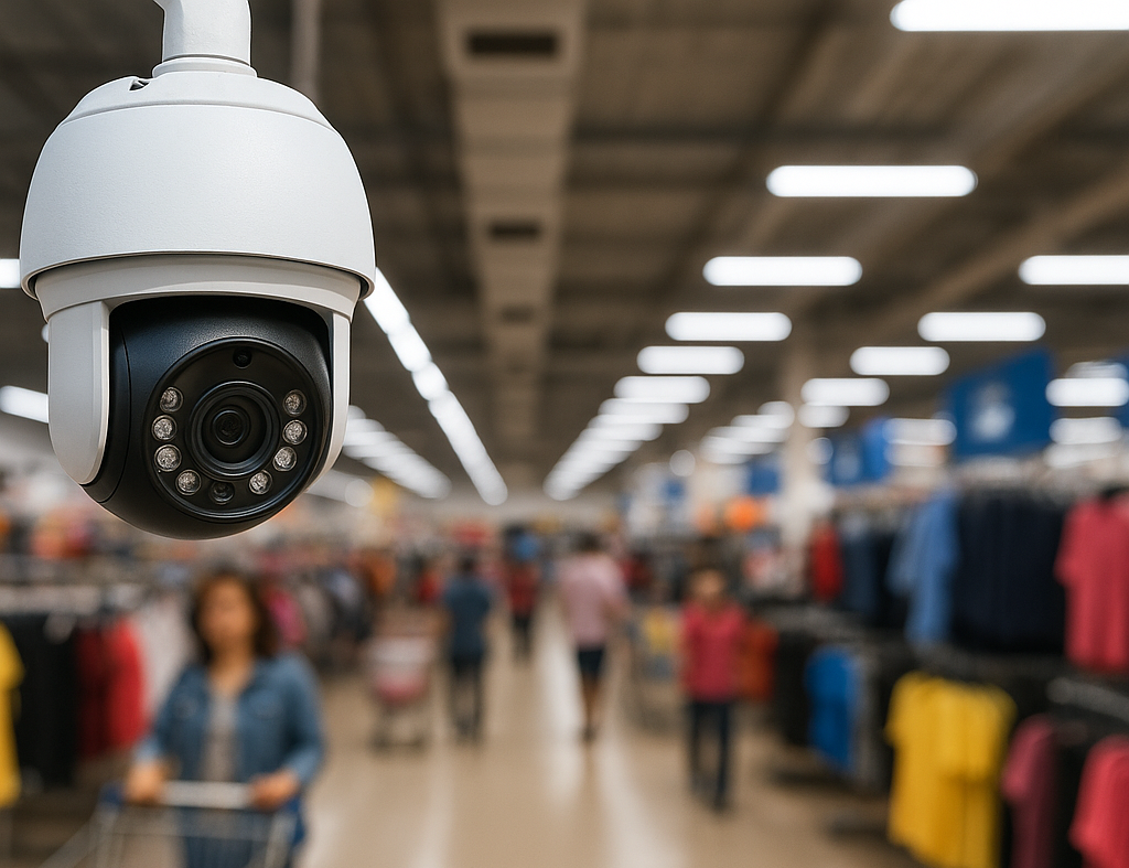A white dome-shaped security camera monitors activity in a brightly lit retail clothing store filled with shoppers and merchandise.
