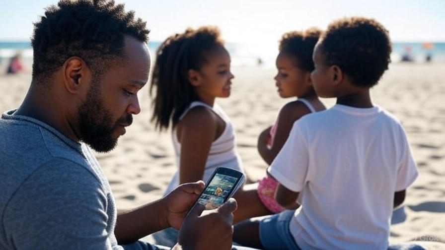 Man on beach using phone watch their security camera with children sitting nearby