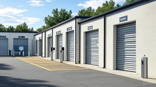 Row of storage units with roller doors on a clear day