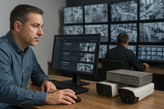 Man monitoring security systems with multiple screens and cameras in a control room.