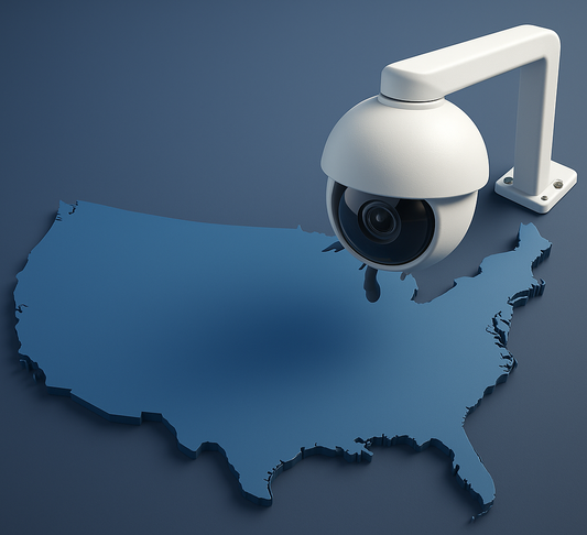 Security camera over a map of the United States on a blue background