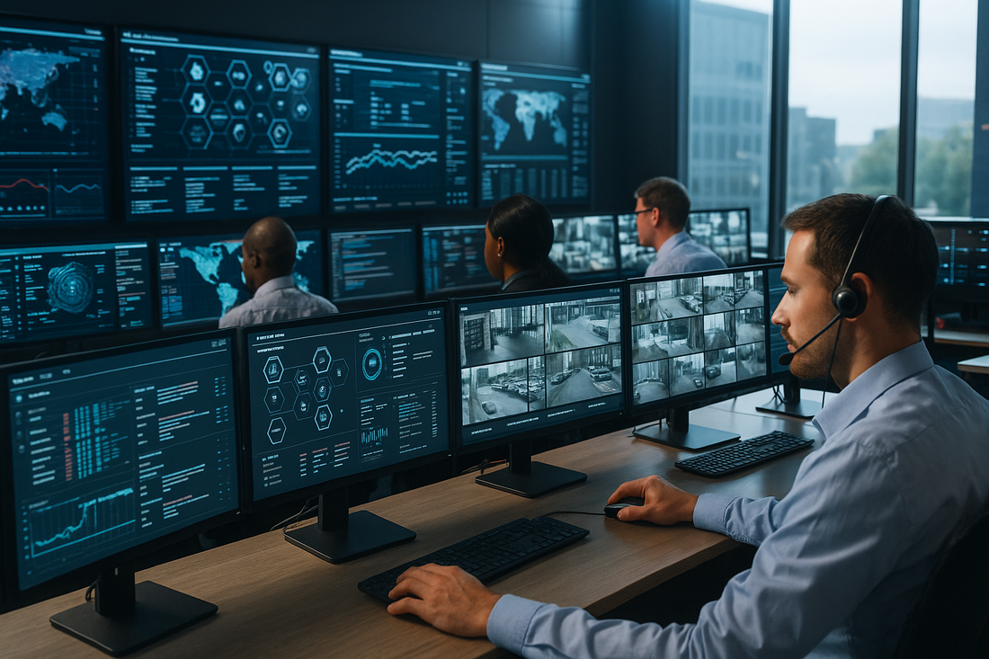 Hybrid SOC and SRC operators using AI-powered security platform with cyber dashboards and real-time surveillance feeds in a high-tech command center.