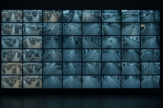 Multiple security camera feeds displayed on a screen, showing various scenes.