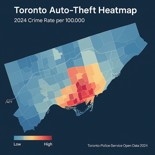 Toronto auto-theft heat map by crime rate per 100,000 residents, with red areas indicating higher theft rates around downtown and major highways, and blue areas showing lower-risk zones; data sourced from Toronto Police Service 