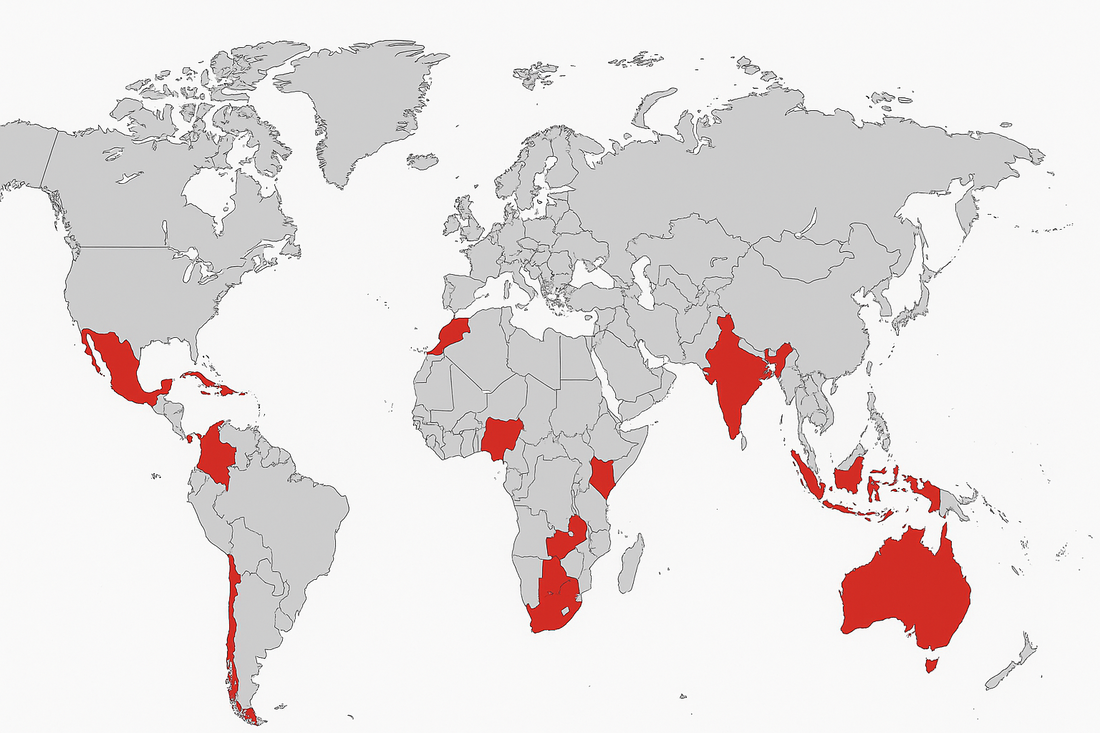 2D world map with top 10 most dangerous countries in red – realistic, 