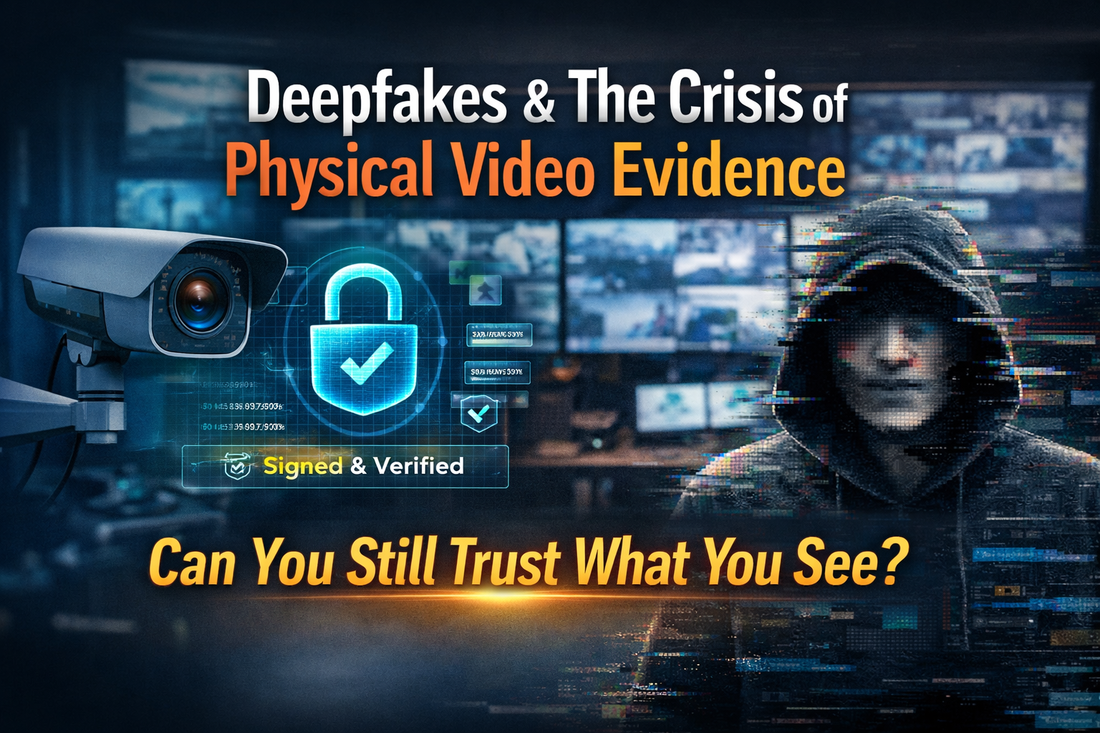 Image with text about deepfakes and physical video evidence, featuring a camera and a person in a hood. AI Generated deep fake 