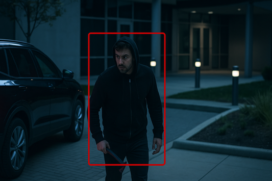 Person in a dark hoodie holding a knife at night near a car, with a red bounding box around them.