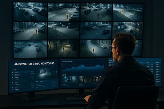 AI operator monitors multiple live CCTV feeds in a dimly lit command center, assisted by ArcadianAI’s AI-powered video monitoring system analyzing real-time events on large screens
