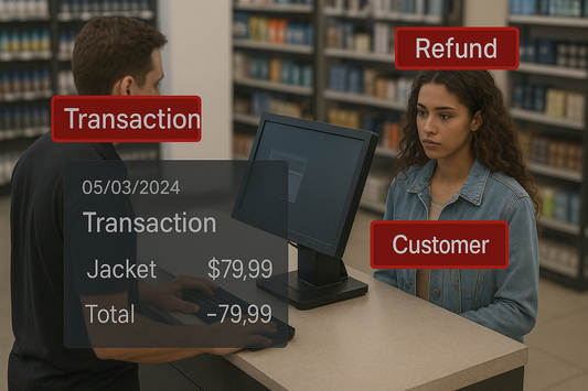 AI overlay showing transaction, customer, and refund correlation on live video