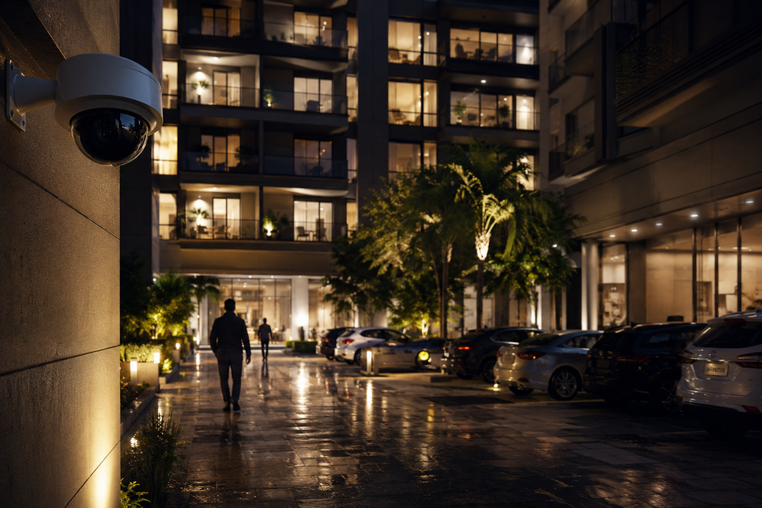 AI security camera overlooking after-hours activity at a modern residential high-rise with parking, lobby entrance, and resident movement