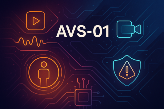 AVS-01’ at the center, surrounded by glowing geometric icons symbolizing video, audio, human presence, microchips, and security alerts, all connected through circuit-like 