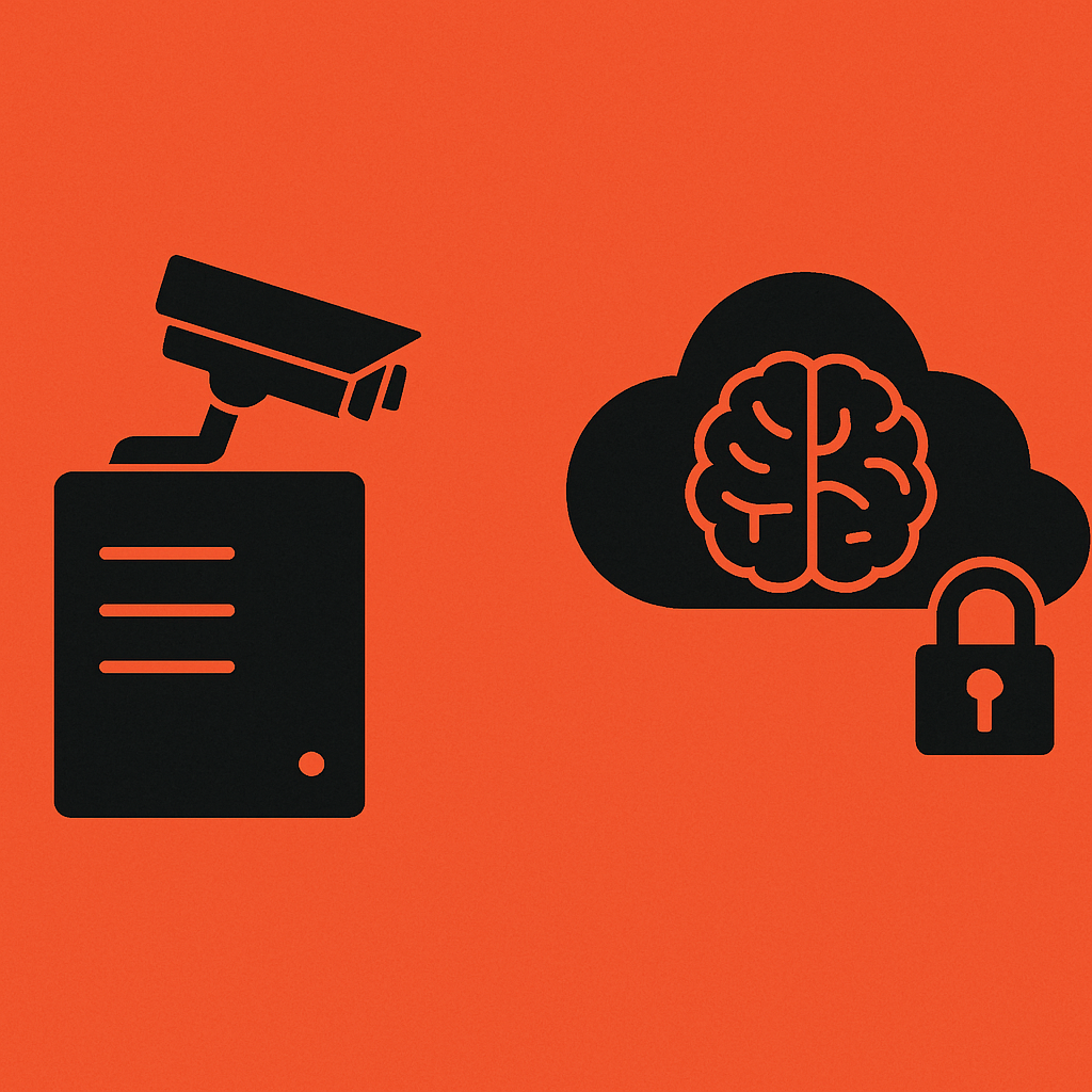 A conceptual illustration showing a local server with a CCTV camera contrasted against a cloud with a brain and padlock icon, symbolizing the difference between traditional on-prem security and modern cloud-based AI protection.