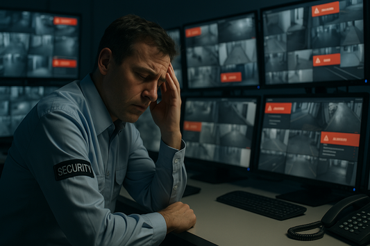A guard monitoring multiple screens with visible fatigue Security guard facing cognitive overload from excessive alarms.
