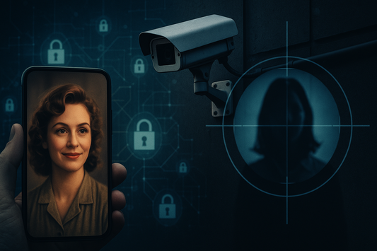A hand holds a smartphone showing an AI-enhanced portrait of a smiling woman, while a surveillance camera watches nearby and a shadowy figure is targeted in digital crosshairs, against a backdrop of glowing lock icons symbolizing privacy risks.