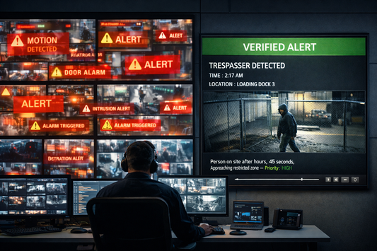 A monitoring center overwhelmed by noisy alerts contrasted with a single verified, evidence-rich alarm