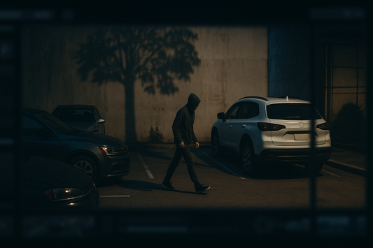 image of a dimly lit parking lot where a hooded person walks between parked cars, with shadows and reflections on the wall suggesting how environmental factors can confuse traditional video analytics