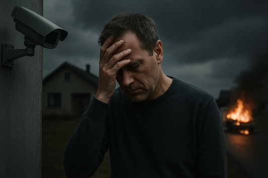 A stressed middle-aged man holds his forehead beneath a wall-mounted security camera, with a house in the background and a car burning on the roadside behind him under dark, stormy skies
