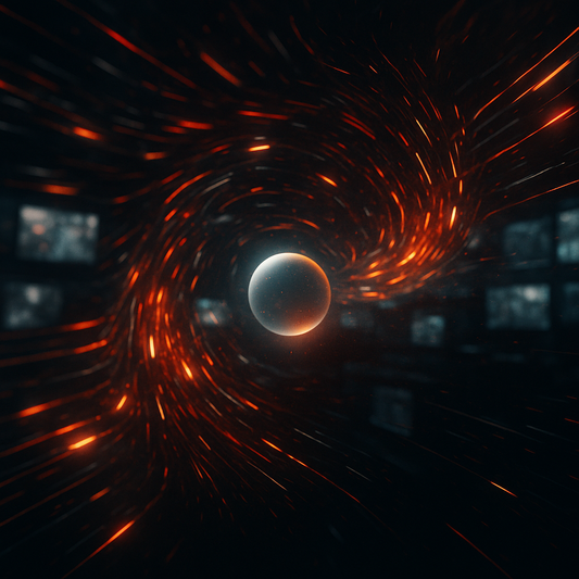 Abstract concept of an AI system creating order within chaotic swirling red and orange light trails, representing noise reduction for monitoring centers during high-crime holiday periods