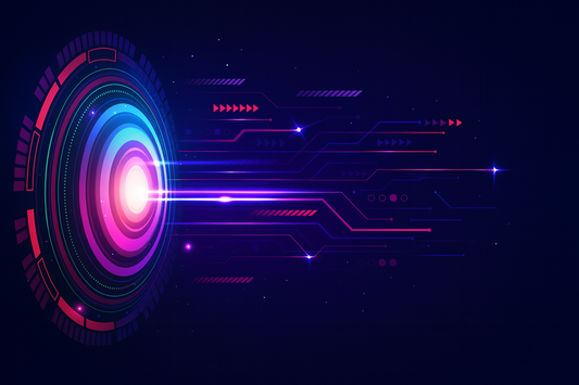 illustration of a glowing neon energy core on the left, radiating vibrant concentric rings in blue, purple, and pink. Bright light beams and holographic circuit lines extend across a dark background - AI Security