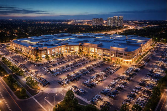 Aerial dusk view of a large shopping mall and expansive parking lot under bright perimeter lighting, showing entrances, walkways, and surrounding roads—modern, clean, security-focused atmosphere.