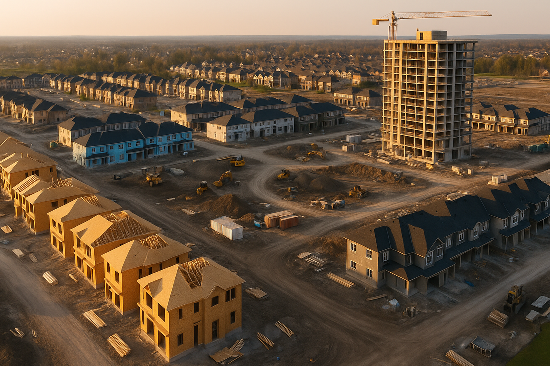Aerial view of a large construction site with multiple townhouses under development and a single high-rise building surrounded by cranes, machinery, and dirt roads.