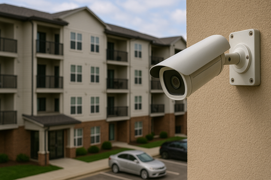 Apartment complex security cameras overlooking parking and lobby entrances – AI-powered surveillance ensuring resident safety in multifamily buildings