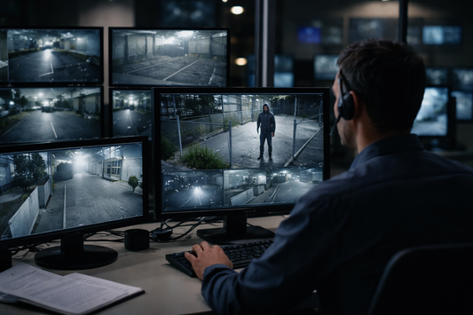 Security operator reviewing multiple camera feeds in a monitoring center, with one after-hours intrusion visible on screen